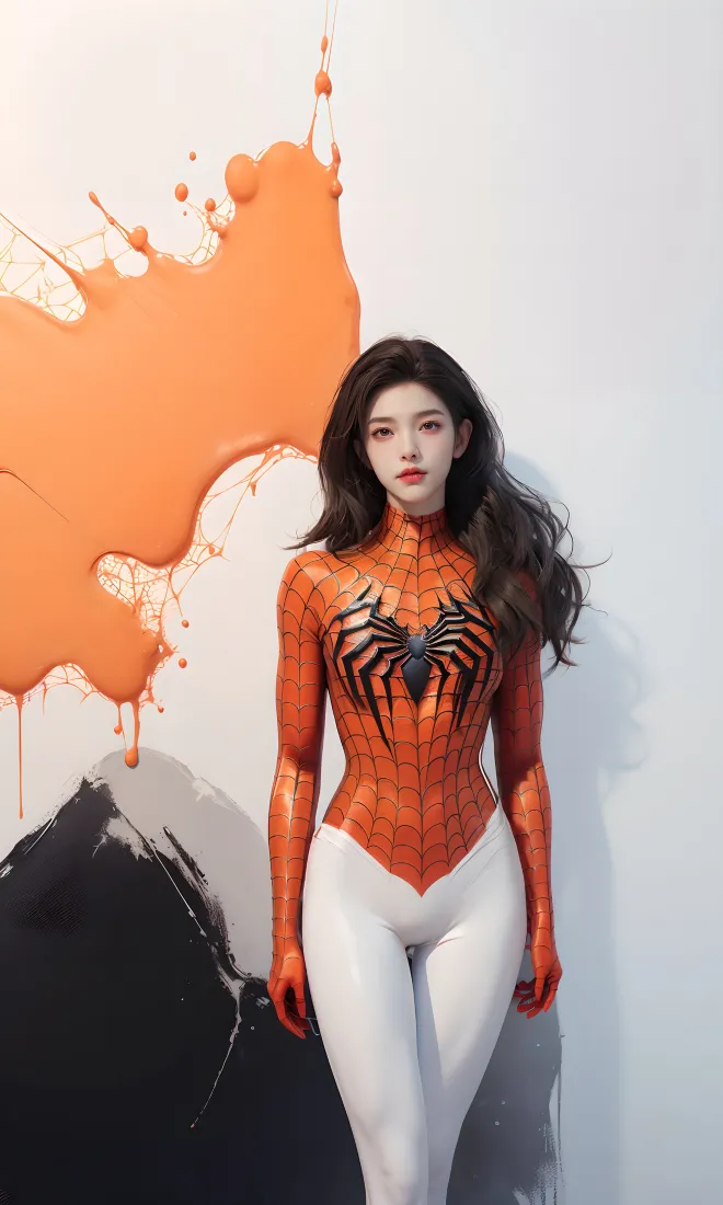 身着橙白蜘蛛侠紧身战衣的长发女性，立于带有橙黑泼墨的白墙前。