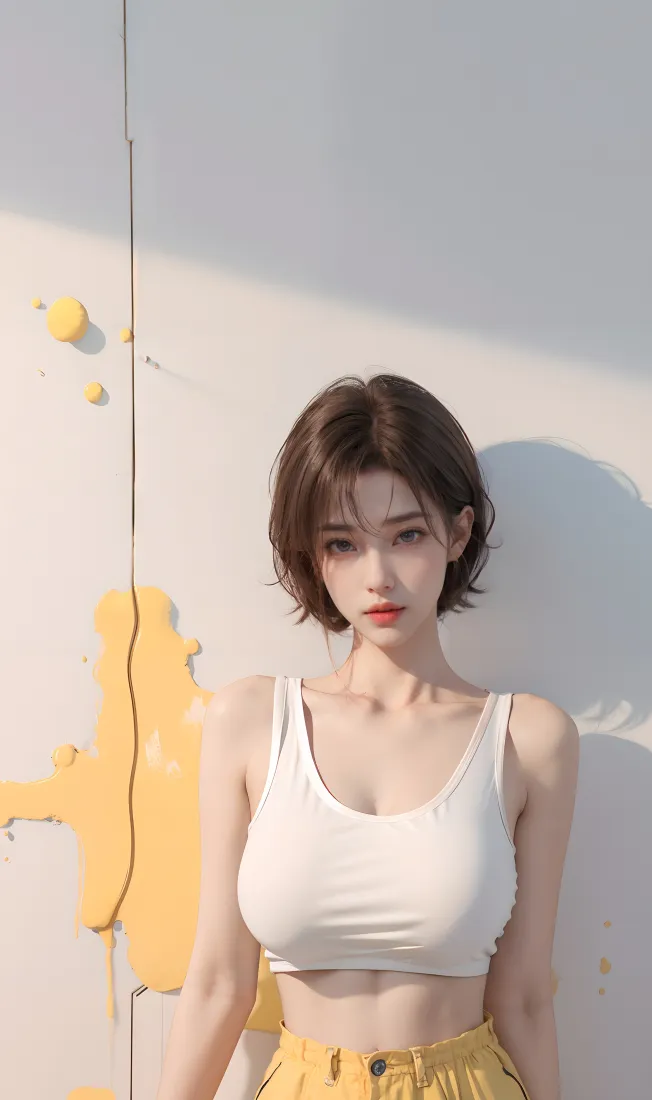 短发女子穿白色背心与黄色下装，靠在带黄色涂鸦的浅色墙前。
