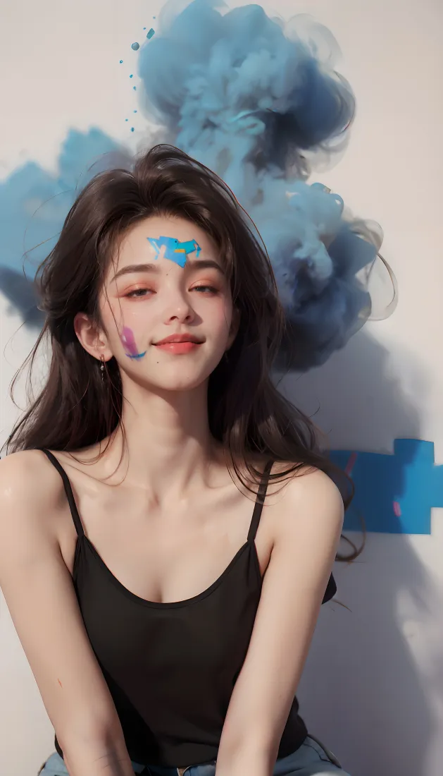 黑衣女生手机壁纸｜蓝色烟雾背景图片 - 艺术妆容「哲风壁纸」