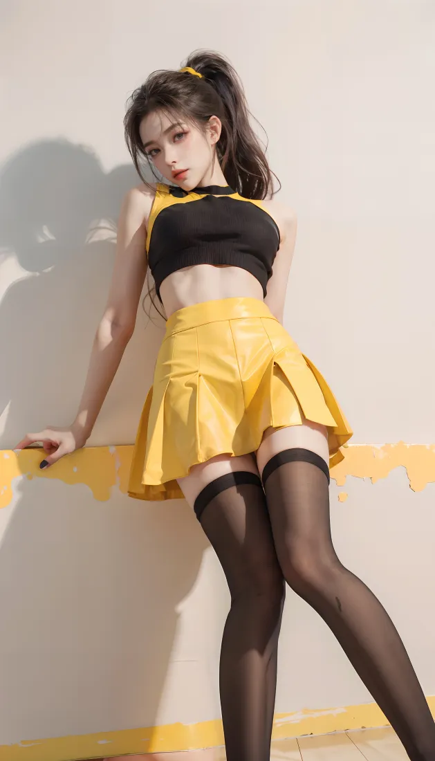 黄裙美女手机壁纸｜浅色墙面背景 - 黑丝「哲风壁纸」