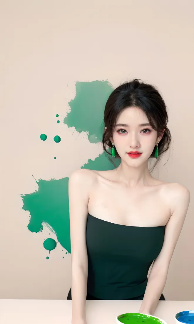 身着深绿抹胸裙的年轻女性，背景为米色墙面搭配绿色颜料泼洒装饰