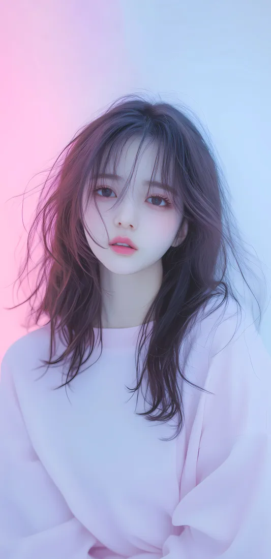 粉蓝渐变柔光背景下，穿浅粉上衣的长发少女半身人像，氛围梦幻柔美。