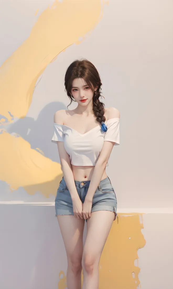 美女手机壁纸｜黄色背景图 - 白色露肩上衣牛仔短裤「哲风壁纸」
