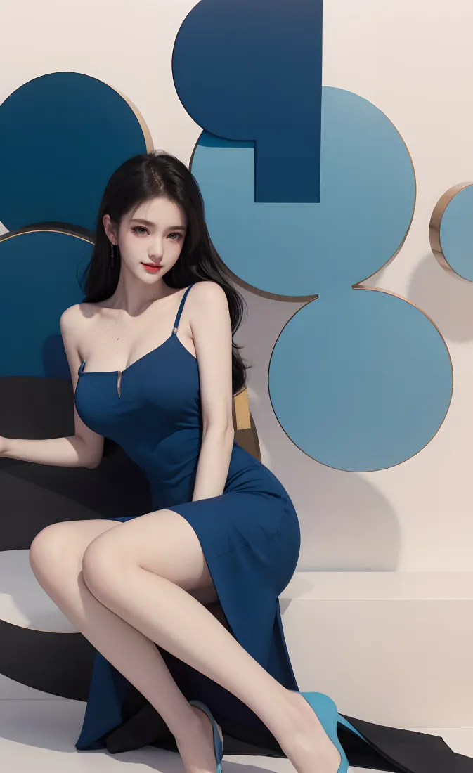 长发女子身着蓝色吊带开叉长裙，在蓝白几何圆形装饰墙前优雅坐姿摆拍。
