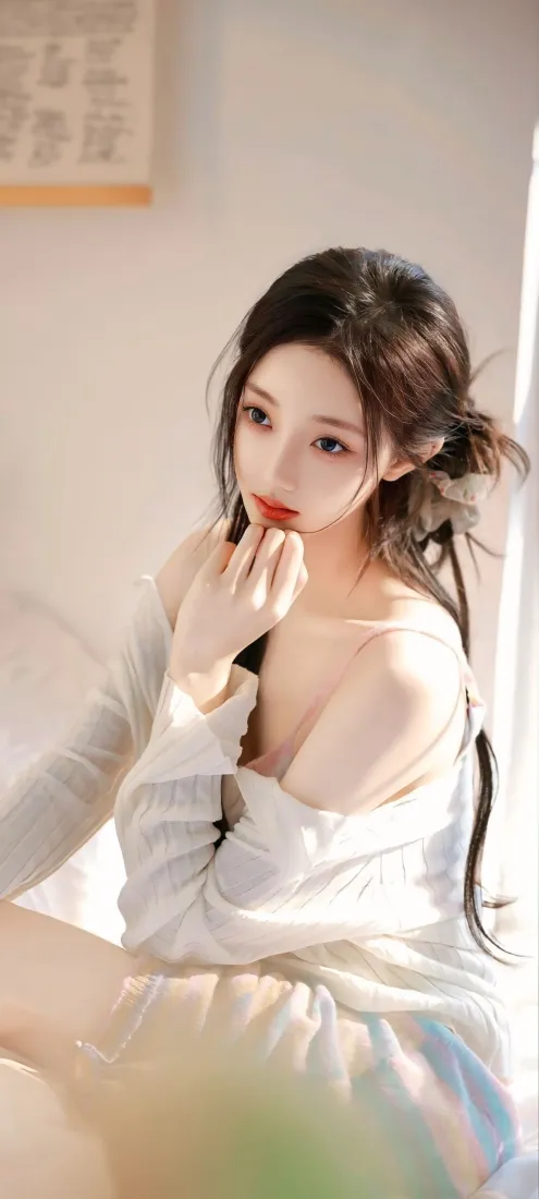 美女手机壁纸｜室内背景图片 - 露肩装红唇「哲风壁纸」