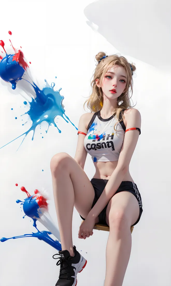 扎双丸子头的金发运动装少女坐于白墙前，身侧点缀红蓝颜料飞溅效果。