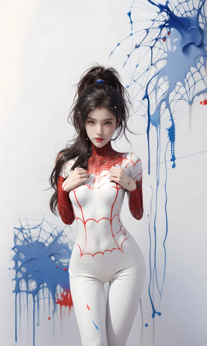 高马尾女性身着红白蛛网纹紧身衣，背景为蓝红泼墨蛛网艺术墙面