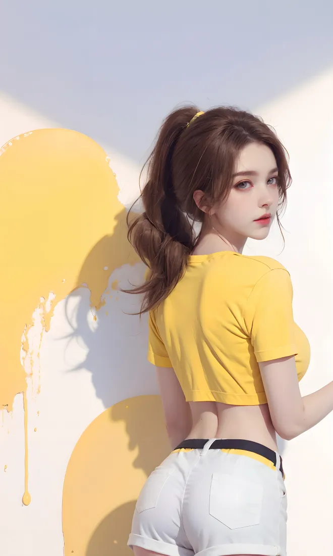 高马尾女生穿黄色短上衣白短裤，侧身回头，背景为黄白涂鸦墙面