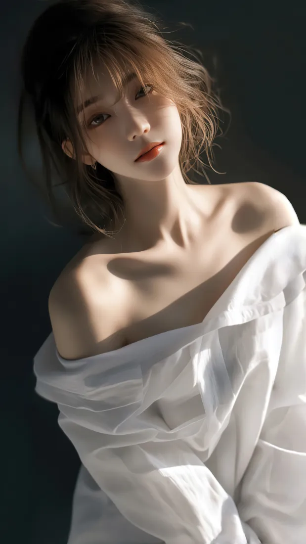 暗调背景下，穿露肩白衬衫的年轻女性，光影柔和，气质柔美迷人。