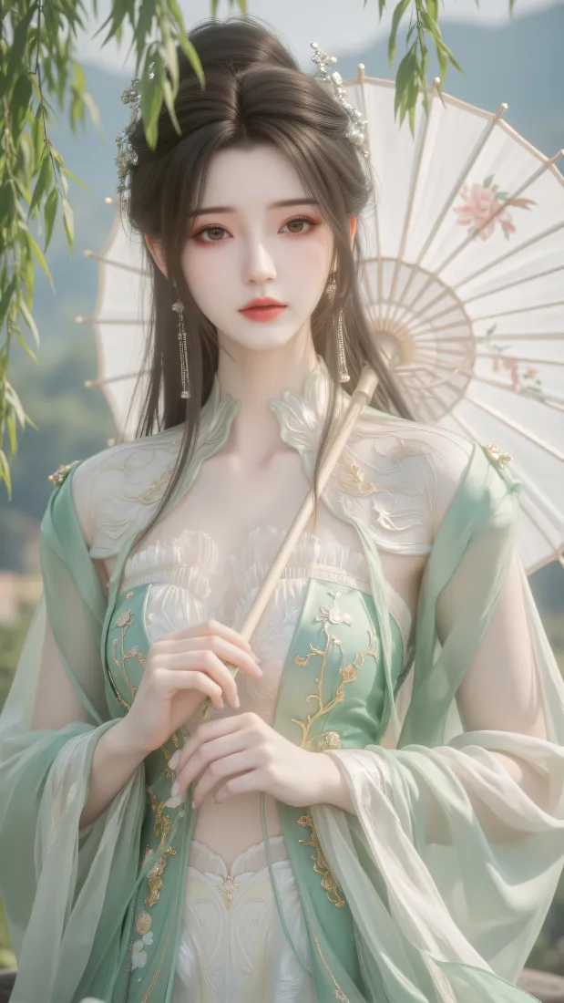 绿衣古风女子手持油纸伞立于垂柳下，背景朦胧远山。