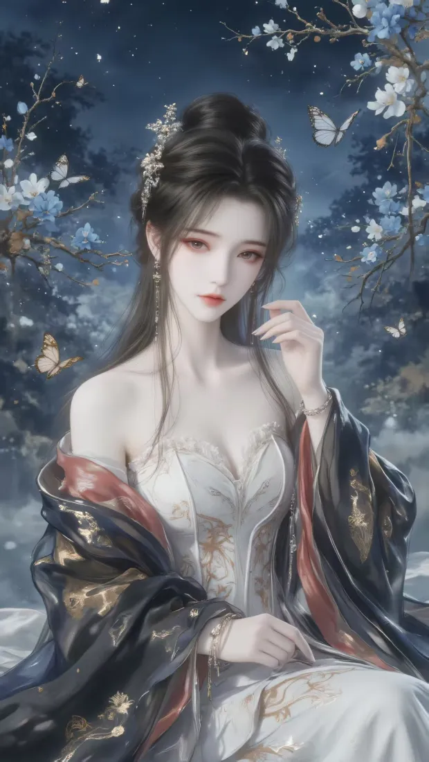 夜色花林间，身着古风抹胸裙的女子端坐，蝴蝶翩飞，氛围仙气朦胧。