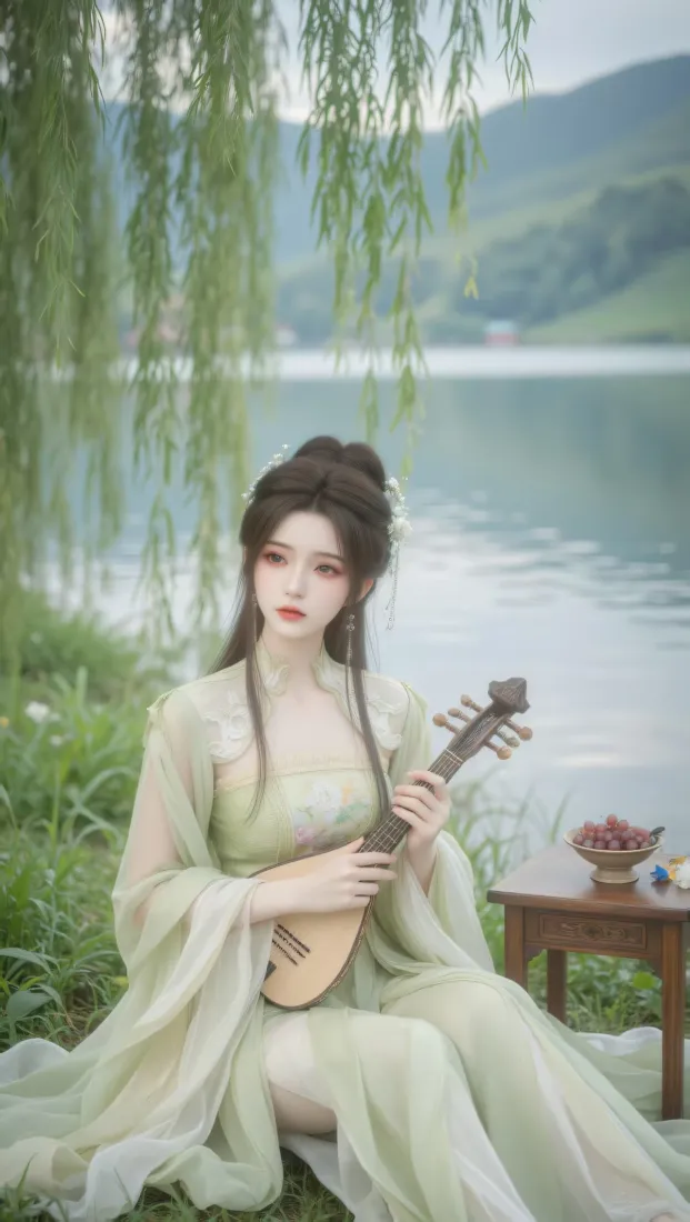 湖畔垂柳下，身着浅绿汉服的女子怀抱琵琶静坐，旁置木桌果盘。