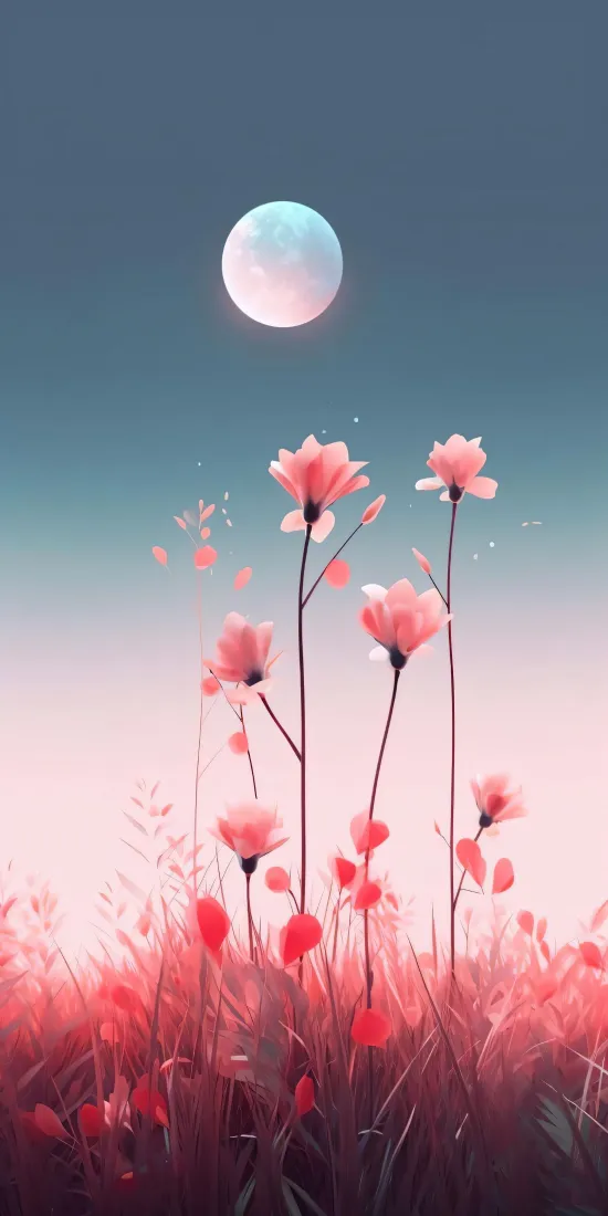 月夜渐变天空下，粉色花草丛向上生长，氛围梦幻柔和。