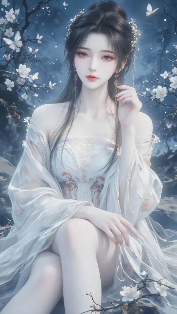 蓝调夜景中，身着白纱古风服饰的女子坐于花树间，氛围空灵唯美。