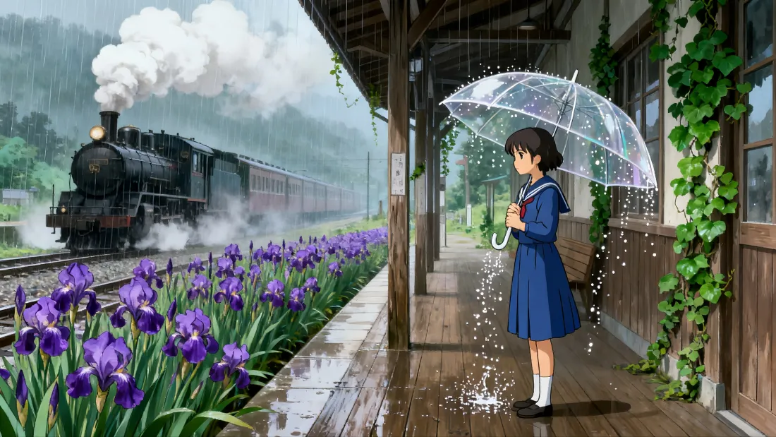 4k水手服女孩壁纸|雨天车站背景图片 - 蒸汽列车郁金香「哲风壁纸」 雨天木质车站站台,穿蓝色水手服的女孩撑透明伞,蒸汽列车沿铁轨驶来,旁侧盛开紫色鸢尾花。