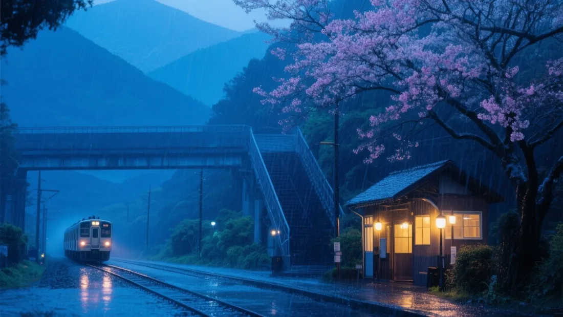 雨夜山间旧站，樱花树旁暖灯小屋亮着光，列车沿湿铁轨驶来，远山雾霭朦胧。