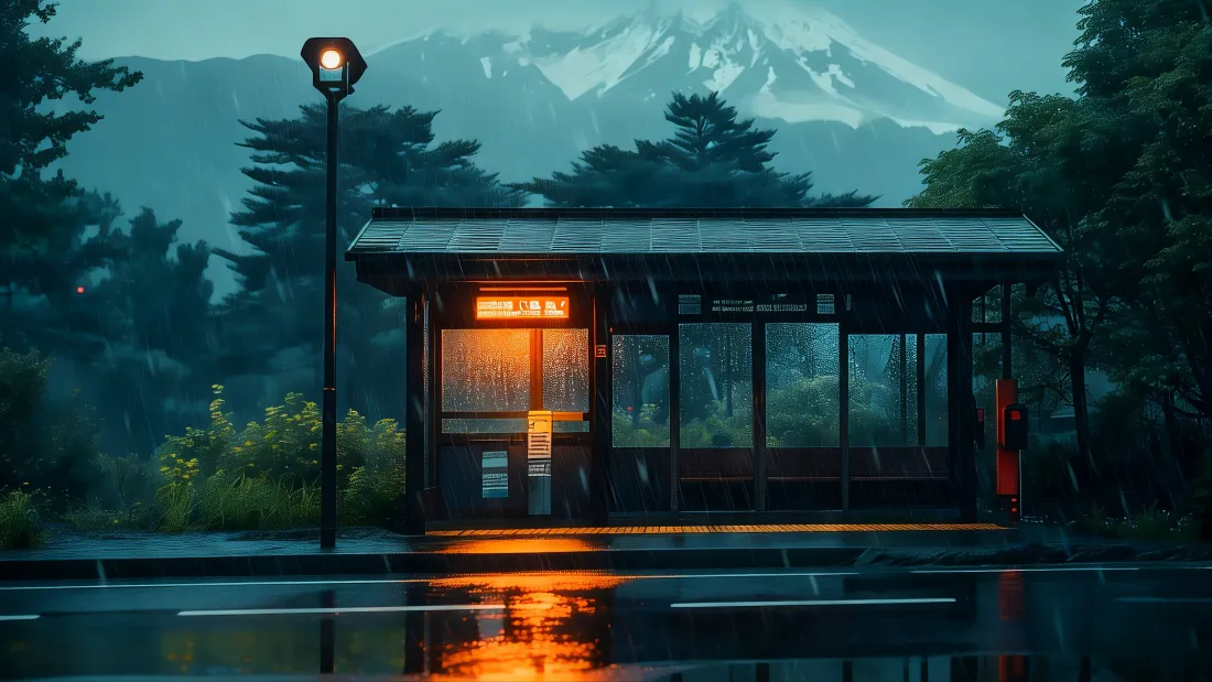 雨夜山间公交站，暖灯映在湿路面，远处雪山与森林朦胧静谧