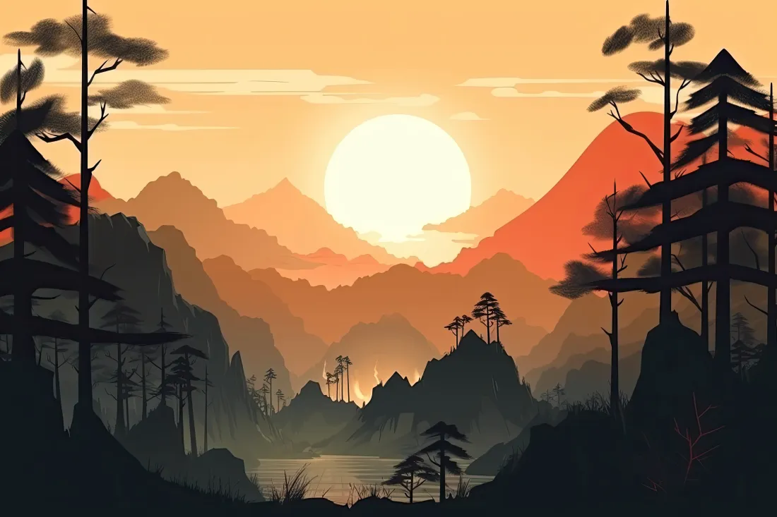 5k自然风景壁纸｜山川夕阳背景图 - 日落树林剪影「哲风壁纸」
