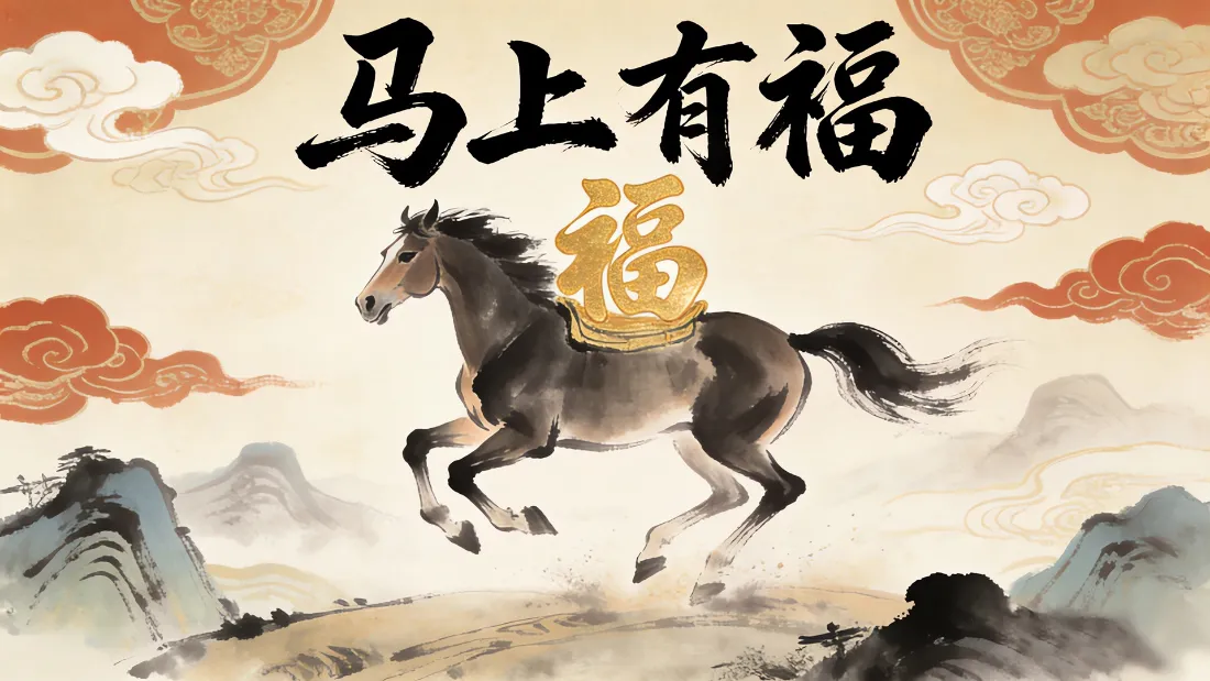 2k马上有福壁纸|古风背景图片 - 马 福字 祥云「哲风壁纸」 水墨奔马驮金色福字,配祥云山水与马上有福书法字的国风贺岁图
