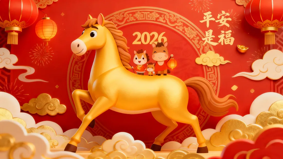 红底3D卡通金马立于祥云间，搭配灯笼、烟花与平安是福字样的新春贺图