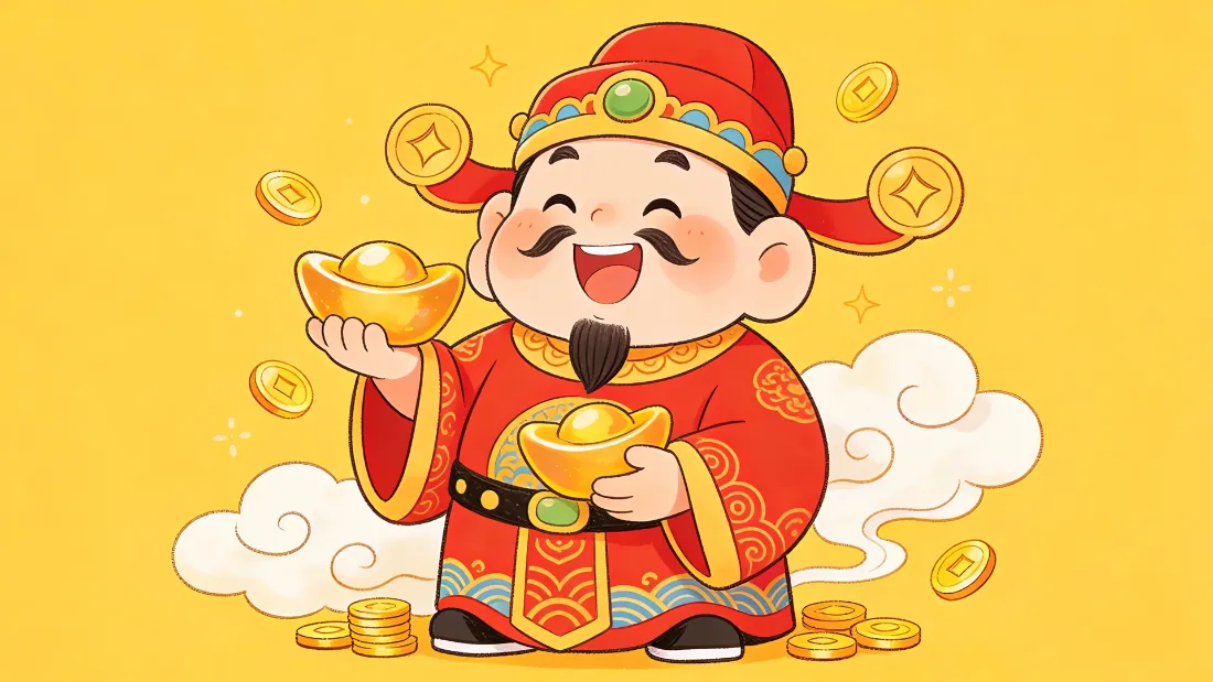 Q版卡通财神爷身着红袍，手持金元宝，周围散落铜钱与祥云，黄底喜庆招财。