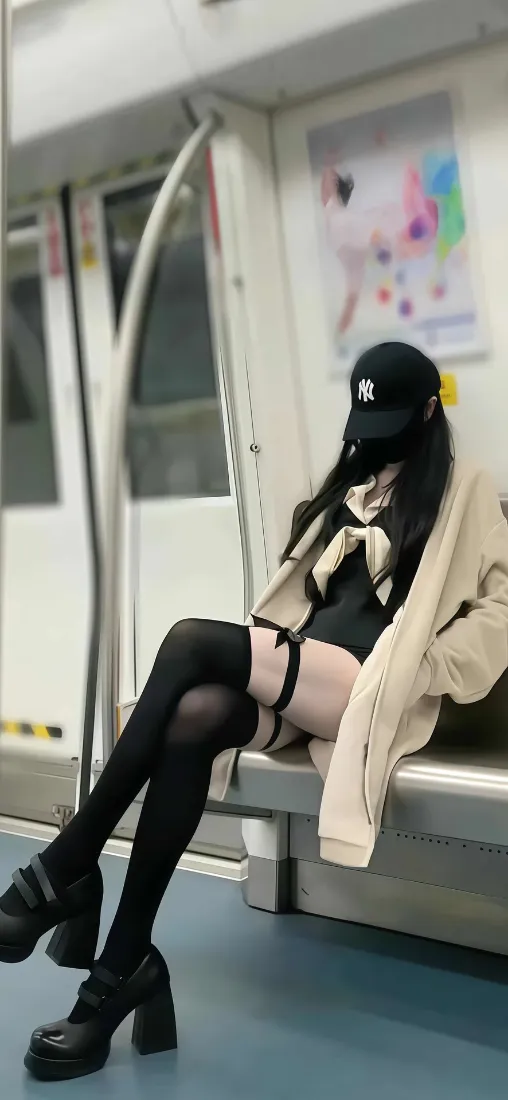 戴黑色棒球帽的神秘女子坐在地铁车厢座椅上，身着米色外套搭配黑丝高跟鞋。