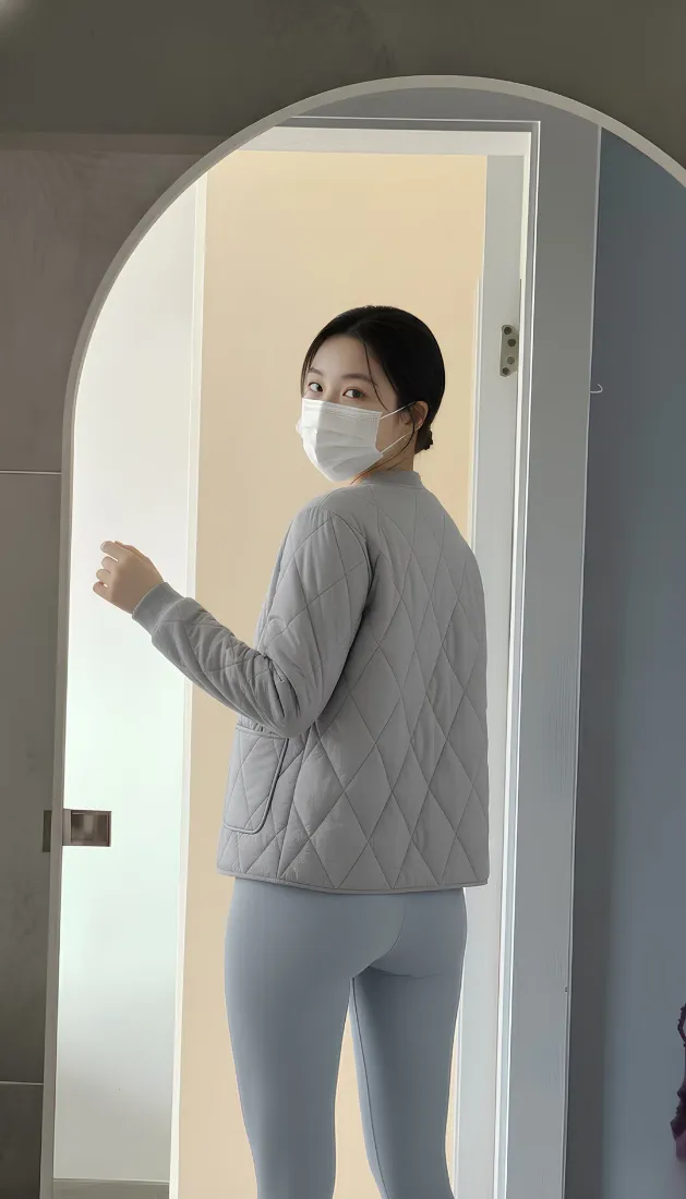 戴白色口罩的女性站在拱形门内，身着灰色菱格上衣与浅灰长裤回头看向镜头。