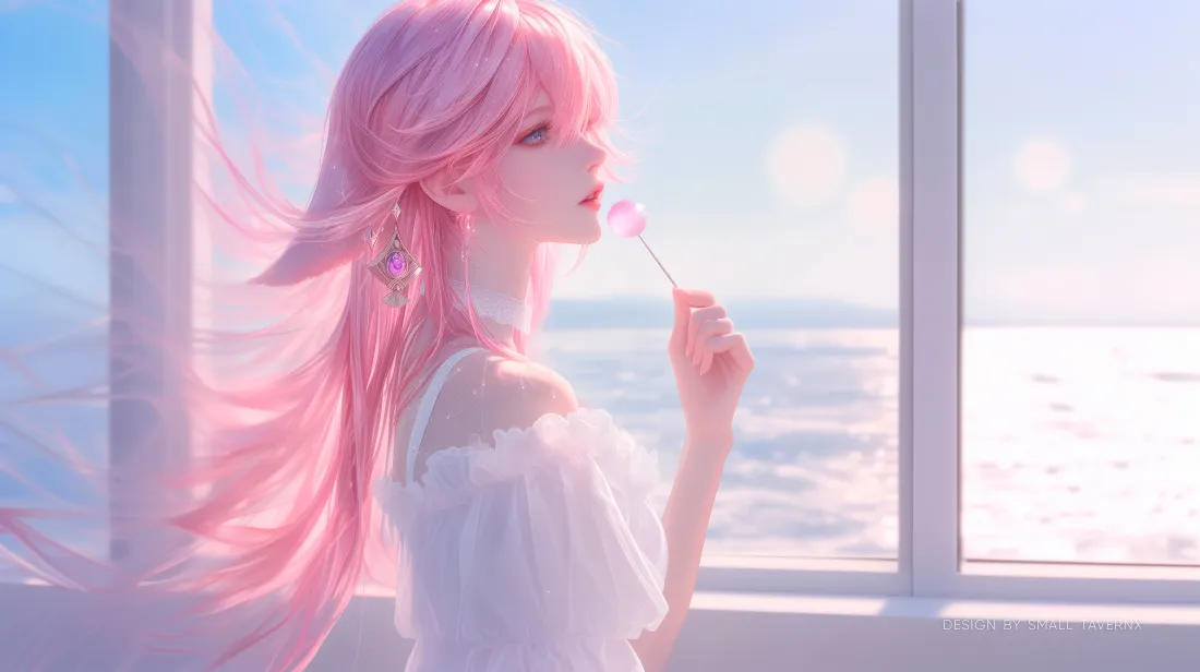 4k粉色头发少女壁纸|海景窗边背景 - 白色连衣裙「哲风壁纸」 粉发少女身着白裙立于海景窗边,手持棒棒糖,长发随风轻扬。