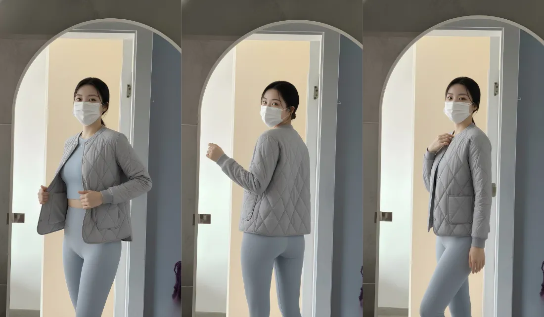2k灰色套装女性壁纸|拱形门背景图片 - 日常穿搭「哲风壁纸」 三张拼接图展示戴口罩女性在拱形门内的灰色系日常穿搭