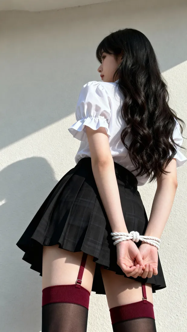 低角度仰拍JK制服女生，双手被白绳绑于身后，白墙光影下侧身回望。