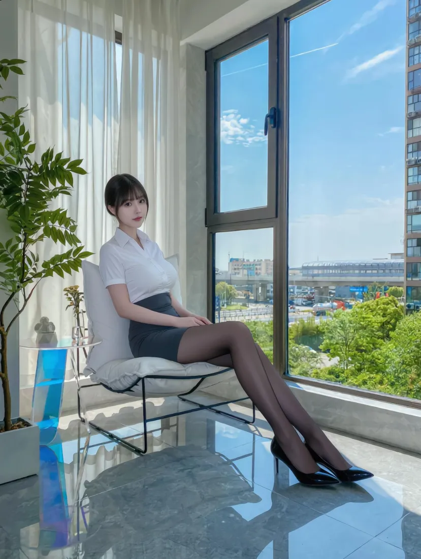 职业装短发女性坐于窗边座椅，黑丝高跟鞋，窗外是城市绿植景观