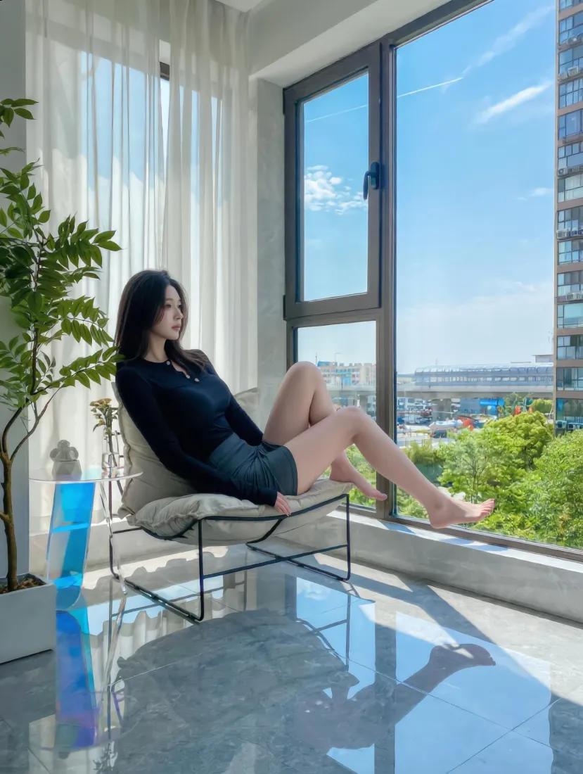长发黑衣短裙女生赤脚斜坐窗边休闲椅，旁有绿植，窗外是蓝天绿树城市景观