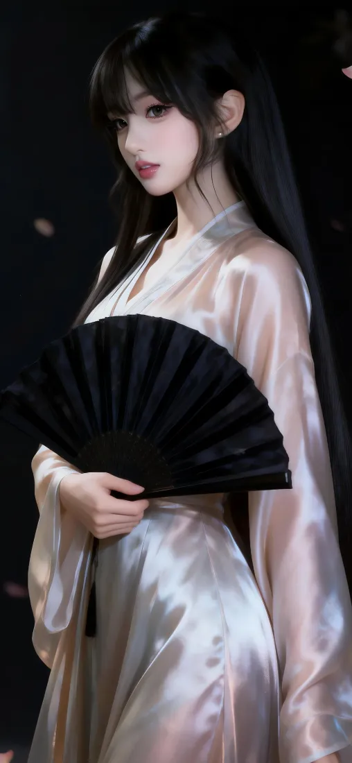 暗背景下长发古风女子身着浅粉丝绸汉服，手持黑色折扇侧身回望。