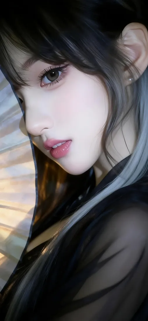 黑发女性脸部特写，妆容精致，身着黑色服饰，背景虚化带暖调光影。
