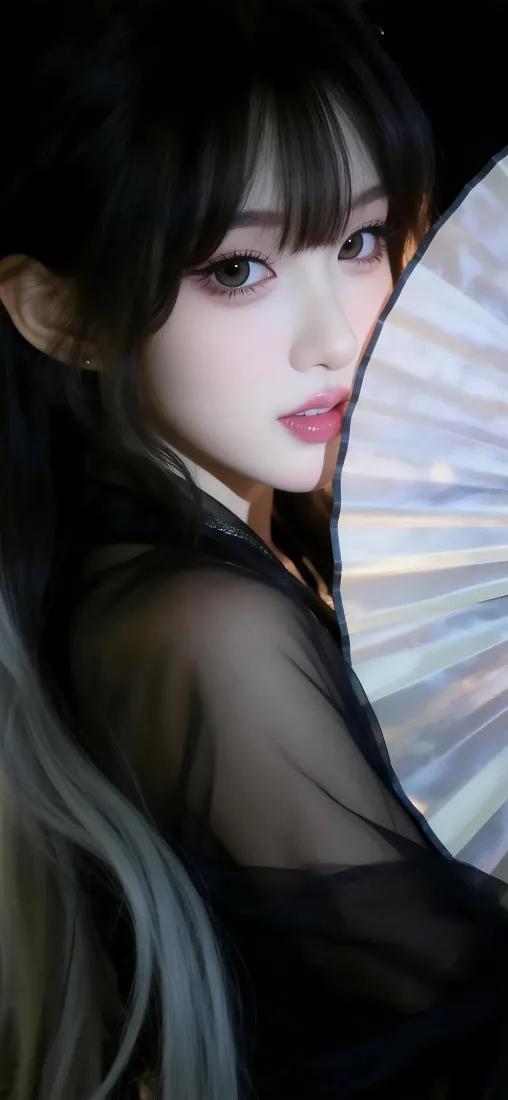 黑衣薄纱长发女子回眸，手持折扇，妆容精致，氛围清冷神秘。