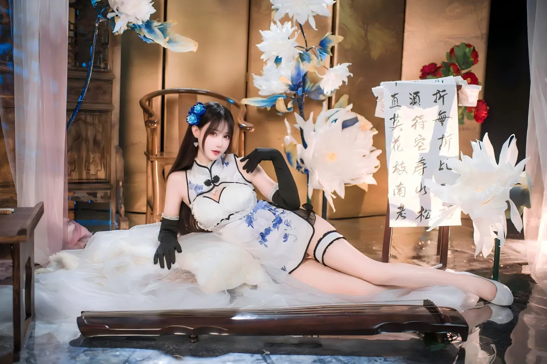 6k旗袍美女壁纸｜古风背景 - 室内纸花书法「哲风壁纸」