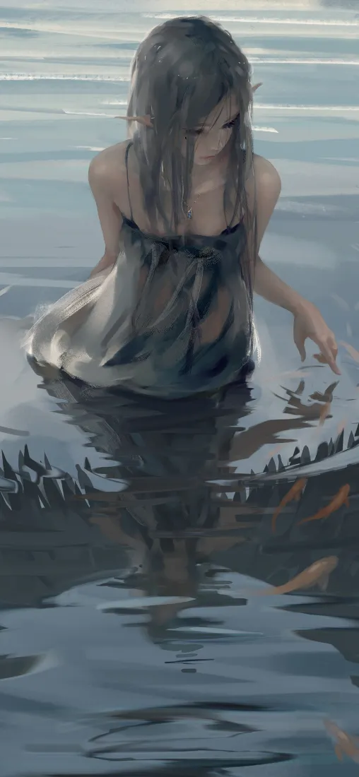 冷调浅水中，长发薄裙的海琴烟俯身伸手，水面游着金鱼，氛围静谧空灵。