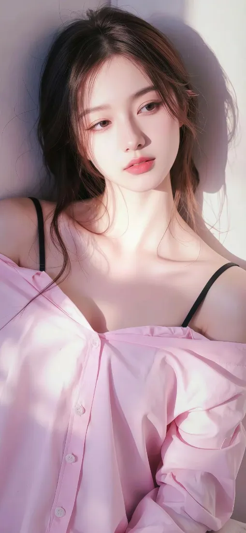 黑发年轻女性身着粉色宽松衬衫，柔和光线映衬下气质温婉甜美