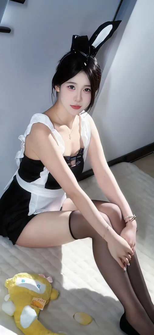 室内墙角处，戴兔耳穿黑白女仆装黑丝的年轻女性席地而坐，脚边放着黄色玩偶。