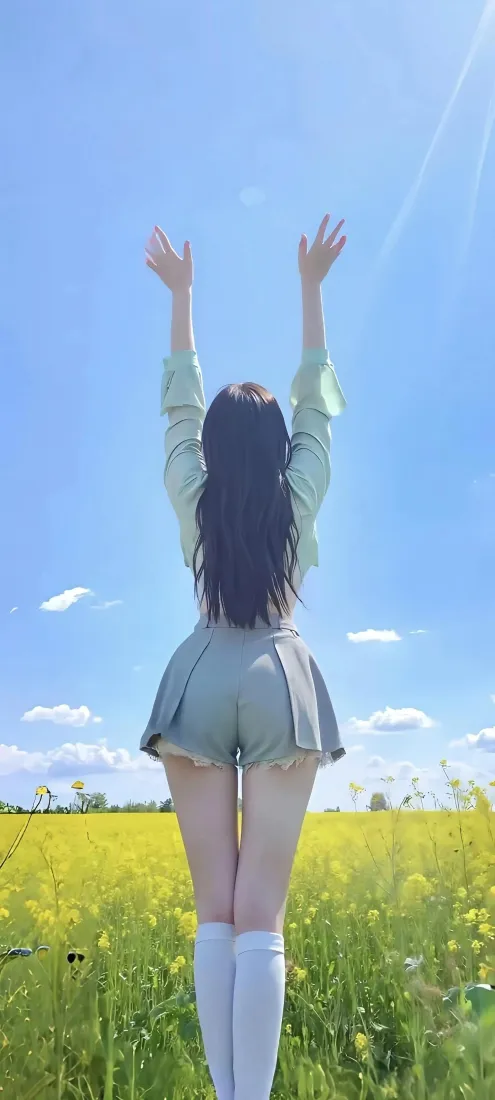 长发女生背对镜头站在黄色花田中，双臂高举，背景是晴朗蓝天与白云。