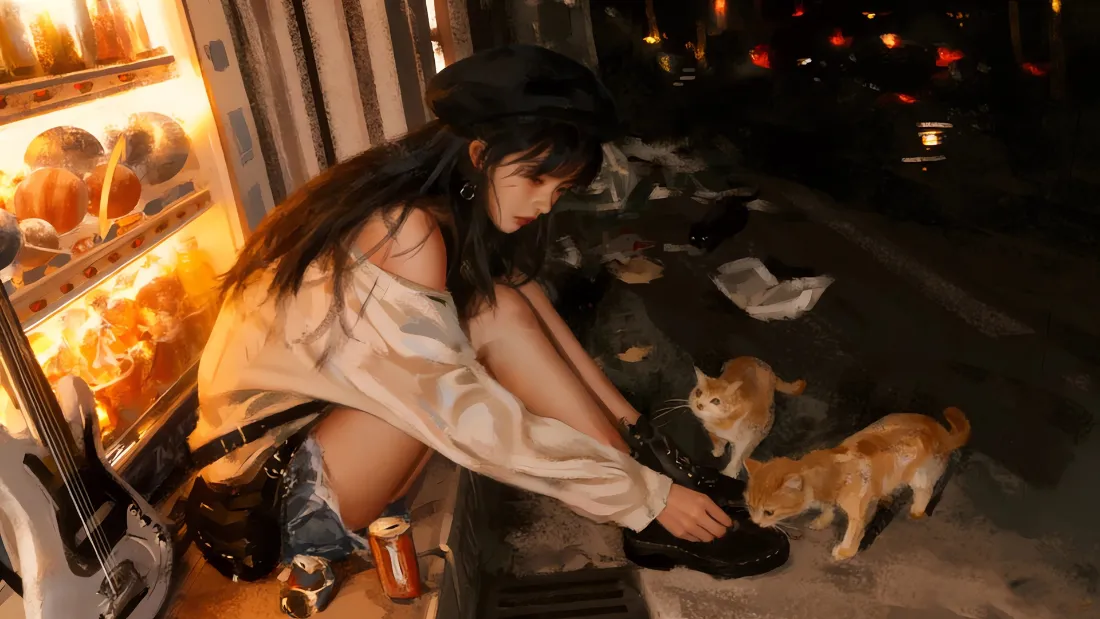 2k少女与猫咪壁纸|夜晚街道背景 - 温馨互动「哲风壁纸」 夜晚街边,戴贝雷帽的少女蹲在饮料柜旁,伸手与两只橘猫温馨互动。