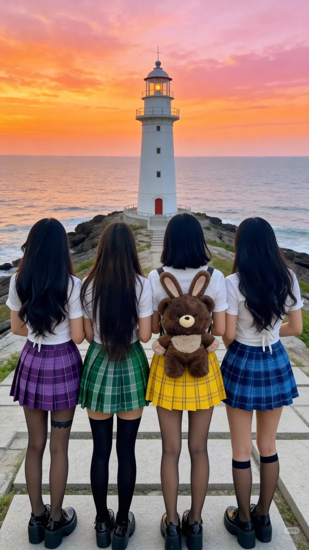 四位穿格纹百褶裙的少女背对镜头，在黄昏海边灯塔前的步道上眺望海景