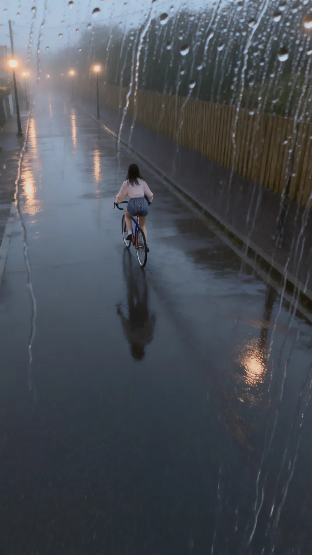 雨天隔着带雨珠的玻璃拍摄，女子在湿滑街道上骑车远去，路灯在积水路面映出暖光倒影。