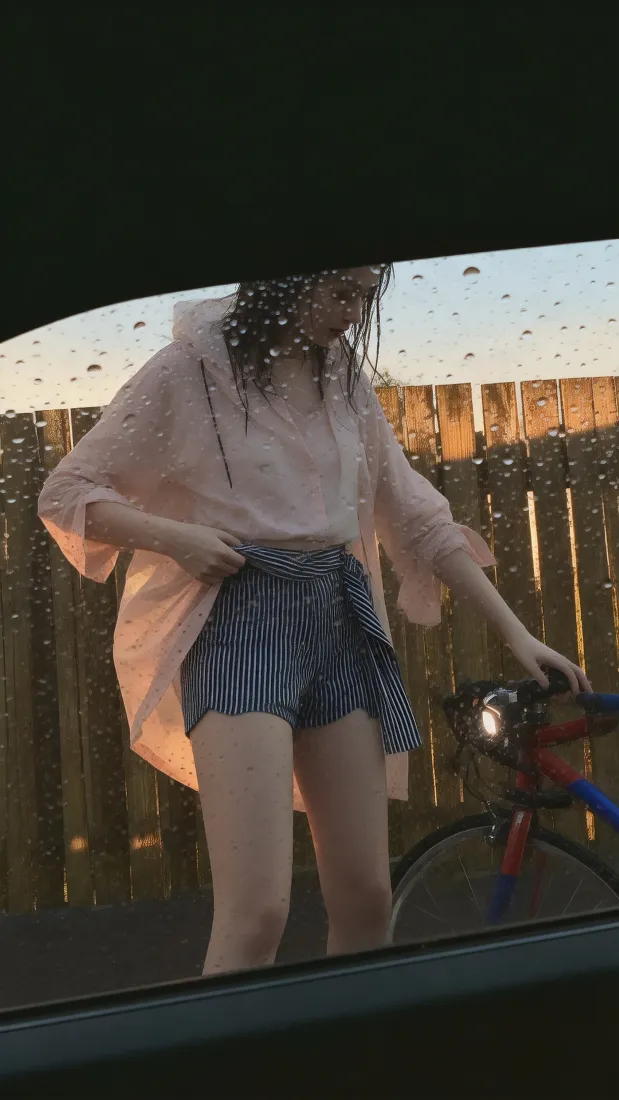 透过布满水珠的车窗，黄昏时分穿宽松粉衫的女孩手扶自行车站在木栅栏前。