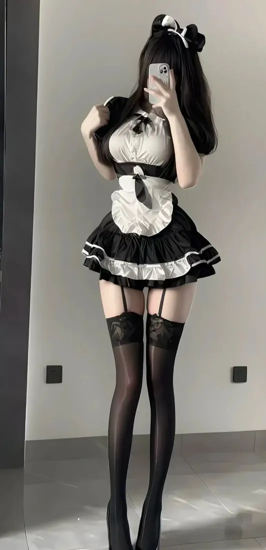室内自拍的长发美女，身着黑白女仆装、黑丝长袜，用手机遮挡面部。