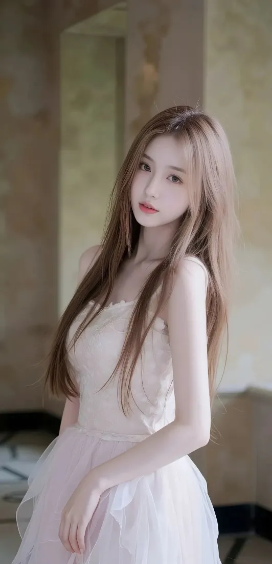 室内场景中，身着白色抹胸纱裙的长发年轻女子侧身站立，背景虚化柔和。