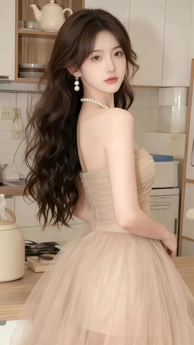 长发美女身着米色纱裙，佩戴珍珠项链与耳环，在厨房背景中回眸。