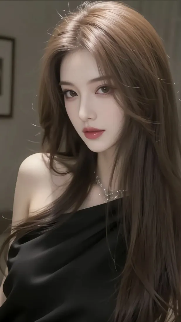 室内场景中，身着黑色单肩裙的棕发长发美女，妆容精致气质优雅。