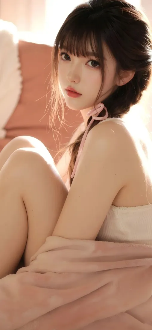 暖光室内，穿白色吊带的年轻女子抱膝坐于粉色毯子上，回头望向镜头。