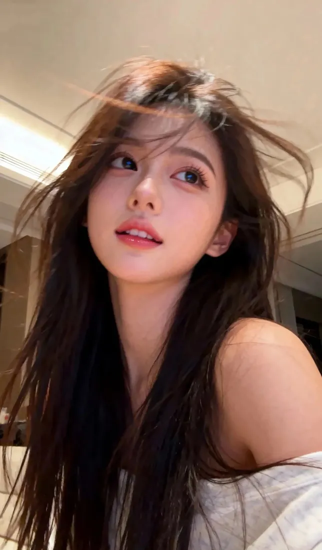 室内自拍的长发露肩年轻女性，妆容精致，发丝自然散落。